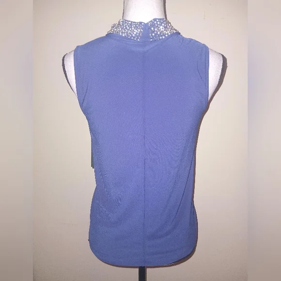 New Tatiana B. Elegant Blue Pearl & Rhinestone Embezzled Sleeveless Top - Picture 3 of 6